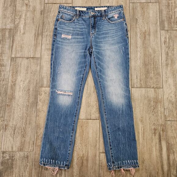 Pilcro Jeans Womens Size 28 Slim Boyfriend Distressed Pink Frayed Ankle Crop - Picture 1 of 11